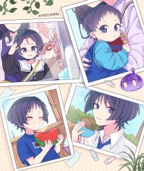 Rule 34 | 1boy, 2girls, aged down, artist name, ayacchirin, baby, blush, braid, burger, cellphone, eating, food, food in mouth, fruit, genshin impact, gnosis (genshin impact), highres, holding, holding phone, holding scissors, looking at viewer, low-braided long hair, low-tied long hair, multiple girls, nail polish, notice lines, paperclip, phone, photo (object), purple eyes, purple hair, purple nails, raiden shogun, scaramouche (genshin impact), scissors, slime (genshin impact), smartphone, sweatdrop, watermelon, watermelon slice, yae miko