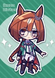 Rule 34 | 1girl, absurdres, animal ears, asymmetrical bangs, black eyes, boots, braid, braided ponytail, brown footwear, brown hair, character name, chibi, closed mouth, coat, dot nose, frown, glasses, green coat, highres, horse ears, horse girl, horse tail, ikuno dictus (umamusume), long hair, long sleeves, looking at viewer, low ponytail, maigo (user xkwr8585), necktie, outline, outstretched arm, pants, red necktie, round eyewear, shirt, solo, sparkle, tail, umamusume, v-shaped eyebrows, vest, white outline, white pants, white shirt