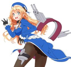 Rule 34 | 10s, 1girl, :d, atago (kancolle), beret, black pantyhose, blonde hair, blue eyes, blush, frilled sleeves, frills, gloves, green eyes, hat, kantai collection, long hair, long sleeves, looking at viewer, mx2j, open mouth, pantyhose, simple background, smile, solo, unfinished, v, w, white background