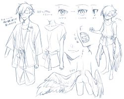Rule 34 | 1boy, arm behind back, ass, barefoot, character sheet, closed eyes, closed mouth, collarbone, eyes visible through hair, fangs, feathered wings, grey background, hair over one eye, half-closed eyes, highres, low wings, male focus, mole, mole on collarbone, multiple views, open mouth, original, shirt tucked in, simple background, sketch, smile, teeth, tongue, traditional media, wings, yuki39