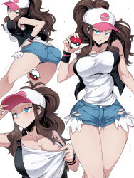 Rule 34 | 1girl, ass, baseball cap, black vest, blue eyes, breasts, brown hair, clothes pull, creatures (company), denim, denim shorts, exposed pocket, game freak, hand on own hip, hat, high ponytail, highres, hilda (pokemon), holding, holding poke ball, jacket, large breasts, leaning forward, looking at viewer, looking back, multiple views, nintendo, open mouth, pants, poke ball, poke ball (basic), pokemon, pokemon bw, ponytail, shimure (460), shirt, shirt pull, short shorts, shorts, sidelocks, simple background, sleeveless, sleeveless shirt, t-shirt, thick thighs, thighs, torn clothes, torn pants, vest, white background, white shirt, wide hips, wristband