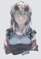 Rule 34 | 1girl, abyssal ship, alternate breast size, alternate hairstyle, anchor print, blue dress, blush, breasts, closed mouth, cropped torso, dress, ergot, fubuki (kancolle), green eyes, grey background, grey hair, hair between eyes, hair down, highres, horns, kantai collection, lycoris fubuki, medium breasts, multicolored hair, pale skin, red hair, signature, simple background, solo