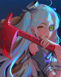 Rule 34 | 1girl, absurdres, axe, blood, blood on face, bloody weapon, blue hair, dress, eyepatch, fire axe, guunhanchi, hair between eyes, hair ribbon, hat, highres, holding, holding axe, holding weapon, last origin, light blue hair, looking at viewer, lrl (last origin), open mouth, print eyepatch, ribbon, sailor dress, sailor hat, smile, solo, stuffed animal, stuffed toy, teddy bear, weapon, yellow eyes