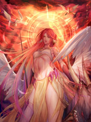 Rule 34 | 3girls, absurdres, angel wings, asymmetrical legwear, breasts, calligraphy brush (medium), colored pencil (medium), spiked halo, copyright name, crop top, feathered wings, gradient hair, halo, highres, holding, holding weapon, jibril (no game no life), long hair, low wings, magic circle, medium breasts, mismatched legwear, multicolored hair, multiple girls, navel, no game no life, open mouth, pink hair, scythe, sougyo, stomach, tattoo, teeth, traditional media, very long hair, weapon, white wings, wing ears, wings, yellow eyes