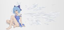 Rule 34 | &gt;:/, 1girl, :/, arm support, bare legs, barefoot, blue bow, blue dress, blue eyes, blue hair, bow, cirno, closed mouth, dress, from side, full body, hair bow, highres, ice, ice wings, necktie, puffy short sleeves, puffy sleeves, red necktie, short hair, short sleeves, sitting, solo, thighs, touhou, tsukidaruma, v-shaped eyebrows, wings