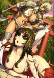 Rule 34 | 2girls, abs, armor, black hair, breasts, dark-skinned female, dark skin, echidna (queen&#039;s blade), eiwa, elf, green hair, highres, large breasts, long hair, lying, multiple girls, official art, open mouth, pointy ears, queen&#039;s blade, red eyes, smile, snake, standing, sword, tomoe (queen&#039;s blade), toned, torn clothes, weapon
