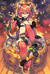 Rule 34 | ahoge, alternate costume, animal ears, artist name, bare shoulders, black bow, bow, candy, cat ears, cat tail, commentary request, fangs, fate/grand order, fate (series), food, fujimaru ritsuka (female), green bow, hair between eyes, hair ornament, halloween, jack-o&#039;-lantern, multiple tails, negi (ulog&#039;be), open mouth, orange hair, pumpkin, red thighhighs, scrunchie, short hair, side ponytail, sitting, tail, tail bow, tail ornament, thighhighs, two tails