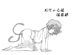 Rule 34 | 1girl, all fours, animal ears, bad id, bad pixiv id, barefoot, cat ears, cat girl, cat tail, chen, clothes pull, female focus, greyscale, monochrome, multiple tails, panties, partially undressed, shibasaki shouji, short hair, simple background, skirt, skirt pull, solo, tail, touhou, underwear
