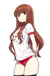 Rule 34 | 10s, 1girl, arms behind back, black thighhighs, breasts, brown eyes, brown hair, buruma, chan co, cowboy shot, dot nose, fate/extra, fate (series), gym uniform, hair over breasts, kishinami hakuno (female), long hair, looking at viewer, medium breasts, sidelocks, simple background, solo, thighhighs, wavy hair, white background