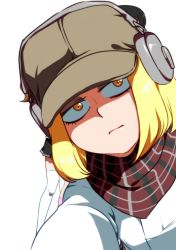 Rule 34 | 1girl, blonde hair, character request, commentary, copyright request, earmuffs, expressionless, hat, jacket, jcm2, miniskirt, neckerchief, plaid, pleated skirt, reaching, reaching towards viewer, selfie, skirt, symbol-only commentary, thighhighs, white jacket, yellow eyes