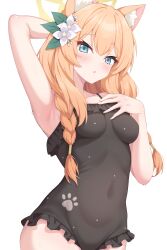 Rule 34 | 1girl, absurdres, animal ear fluff, animal ears, armpits, bare arms, bare legs, bare shoulders, black one-piece swimsuit, blue archive, blue eyes, blush, braid, breasts, cat ears, cowboy shot, flower, hair flower, hair ornament, halo, hayana neru, highres, long hair, looking at viewer, mari (blue archive), mari (swimsuit) (blue archive), official alternate costume, one-piece swimsuit, open mouth, orange hair, simple background, single braid, small breasts, solo, swimsuit, white background, white flower, yellow halo