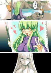 Rule 34 | 00s, 1boy, 1girl, :d, breasts, c.c., china dress, chinese clothes, cliff, code geass, comic, dress, green hair, heart, holding, index finger raised, large breasts, long hair, looking at viewer, mao (code geass), open mouth, painting (object), river, sidelocks, sitting, smile, turn pale, upper body, w, water, yellow eyes