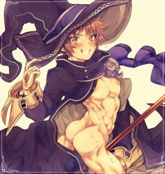 Rule 34 | 10s, 1boy, ass, brown eyes, brown hair, cape, cowboy shot, gloves, gran (granblue fantasy), granblue fantasy, hat, heart, heart-shaped pupils, highres, male focus, megashi (anko mugen), nipples, short hair, simple background, smile, solo, staff, sweat, symbol-shaped pupils, twisted torso, warlock (granblue fantasy), white background, witch hat