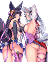 Rule 34 | 2girls, absurdres, animal ears, armpits, ass, back, backless dress, backless outfit, bare shoulders, bell, bikini, black bikini, black hair, blush, breasts, detached sleeves, dress, erune, fox ears, fox tail, fur trim, granblue fantasy, hair bell, hair ornament, highres, jingle bell, large breasts, long hair, looking at viewer, melopun, multiple girls, pelvic curtain, purple eyes, red eyes, sideboob, silver hair, simple background, smile, societte (granblue fantasy), standing, swimsuit, tail, thighs, white background, yuel (granblue fantasy)