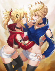 Rule 34 | 2girls, ahoge, anger vein, artoria pendragon (fate), artoria pendragon (lancer) (fate), blonde hair, blush, braid, breasts, choker, closed eyes, detached collar, detached sleeves, fate/apocrypha, fate/grand order, fate (series), french braid, grabbing, grabbing another&#039;s breast, green eyes, groping, hair between eyes, hair ornament, hair scrunchie, highres, hood, hoodie, incest, large breasts, long hair, long sleeves, mordred (fate), mordred (fate/apocrypha), mother and daughter, multiple girls, navel, parted bangs, ponytail, pout, puffy cheeks, red scrunchie, revision, scrunchie, short shorts, shorts, sidelocks, small breasts, thighhighs, thighs, tonee, white shorts, wince