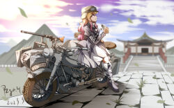 Rule 34 | 1girl, absurdres, black dress, black footwear, bmw r75, brown hair, chinese commentary, closed mouth, cloud, commentary request, dated, dress, from side, full body, gradient hair, highres, hijiri byakuren, holding gourd, juliet sleeves, long hair, long sleeves, military, motor vehicle, motorcycle, mountain, multicolored hair, outdoors, puffy sleeves, purple hair, pzgr.40, shrine, signature, sky, solo, touhou, variant set, white dress, yellow eyes