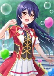 Rule 34 | 1girl, absurdres, balloon, blue hair, blush, bokura no live kimi to no life, brown eyes, bubble, cowboy shot, dark blue hair, hair between eyes, hand up, haruharo (haruharo 7315), highres, long hair, love live!, love live! school idol project, open mouth, pleated skirt, short sleeves, skirt, smile, solo, sonoda umi, teeth, upper teeth only, white skirt