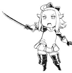 Rule 34 | 1girl, ahoge, armor, bow, bravely default: flying fairy, bravely default (series), edea lee, faulds, flat chest, gauntlets, greaves, greyscale, hair bow, monochrome, short hair, simple background, solo, sword, tsukudani (coke-buta), weapon