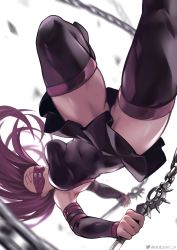 Rule 34 | 1girl, absurdres, black dress, black footwear, black sleeves, blindfold, boots, breasts, chain, detached sleeves, dress, facial mark, fate/stay night, fate (series), forehead mark, gluteal fold, highres, long hair, long sleeves, medium breasts, medusa (fate), medusa (rider) (fate), midair, nameless dagger (fate), purple hair, queasy s, short dress, solo, strapless, strapless dress, thigh boots, thighhighs, thighs, upside-down, very long hair