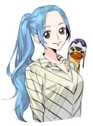 Rule 34 | 1girl, arms behind back, blue hair, breasts, brown eyes, closed mouth, collared shirt, commentary, diagonal stripes, english commentary, forehead, goggles, goggles on head, grey shirt, karoo (one piece), light blue hair, long hair, looking at viewer, medium breasts, nefertari vivi, one piece, parted bangs, ponytail, raine (acke2445), shirt, simple background, smile, solo focus, striped clothes, striped shirt, transparent background, upper body, white background, wing collar