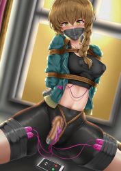 Rule 34 | 1girl, absurdres, amane suzuha, arms behind back, bdsm, bike shorts, black shorts, blush, bondage, bondage mittens, bound, box tie, braid, breasts, brown hair, cable, cellphone, censored, collarbone, commentary request, crotch rope, duct tape, gag, gagged, green eyes, green jacket, hair between eyes, highres, improvised gag, jacket, long hair, looking at viewer, mosaic censoring, navel, nipple stimulation, object insertion, phone, rope, sex toy, shibari, shorts, sirokuro daruma, sitting, smartphone, solo, spread legs, steins;gate, tank top, tape, tape gag, taped fingers, taped hands, twin braids, vaginal, vaginal object insertion, vibrator, vibrator cord, vibrator on nipple, vibrator under clothes, x-ray