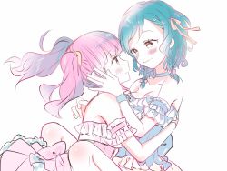 Rule 34 | 2girls, back bow, bang dream!, bare shoulders, between legs, blue choker, blue hair, blush, bow, braid, breasts, choker, cleavage, collarbone, detached sleeves, dress, eye contact, face-to-face, female focus, frilled sleeves, frills, hair bow, hair ribbon, hana kon (17aaammm), hand on another&#039;s face, highres, hikawa hina, hug, long hair, looking at another, maruyama aya, multiple girls, pink hair, ribbon, short hair, side braids, simple background, small breasts, smile, twintails, white background, yellow eyes, yuri