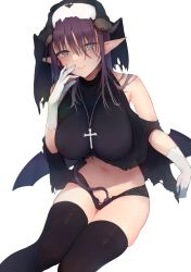 Rule 34 | 1girl, aqua eyes, bare shoulders, black headwear, black panties, black thighhighs, bright pupils, cross, cross necklace, demon girl, demon horns, demon tail, demon wings, glint, gloves, grain, hair between eyes, highres, horns, jewelry, lingerie, long hair, looking at viewer, low wings, mole, mole on thigh, navel, necklace, nun, original, panties, parted lips, pointy ears, purple hair, see-through, simple background, smile, solo, tail, thighhighs, torn, torn clothes, torn gloves, turtleneck, underwear, white background, white gloves, white pupils, wings
