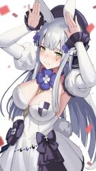 Rule 34 | 1girl, animal ears, arms up, between breasts, blunt bangs, blurry, blurry foreground, blush, breasts, closed mouth, commentary request, confetti, cross, dakunesu, dress, facial mark, girls&#039; frontline, green eyes, hair ornament, highres, hk416 (girls&#039; frontline), hk416 (herbal-flavored hard candy) (girls&#039; frontline), juliet sleeves, large breasts, light frown, long hair, long sleeves, looking at viewer, official alternate costume, puffy sleeves, purple ribbon, rabbit ears, rabbit pose, rabbit tail, raised eyebrows, ribbon, silver hair, tail, teardrop, tearing up, white background, white dress