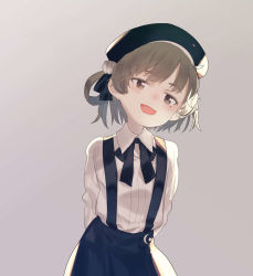 Rule 34 | 1girl, :d, arms behind back, beret, black hat, black skirt, blush, brown background, brown eyes, brown hair, collared shirt, fangs, flower, hair rings, hat, hatoba tsugu, head tilt, highres, long sleeves, looking at viewer, mole, mole under eye, open mouth, shirt, skirt, smile, solo, subachi, suspender skirt, suspenders, virtual youtuber, white flower, white shirt
