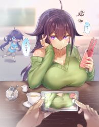 Rule 34 | 1boy, 2girls, ahoge, annoyed, bare shoulders, blue eyes, blue shirt, breast rest, breasts, chibi, cleavage, cup, genderswap, genderswap (mtf), glasses, green sweater, hair between eyes, half-closed eyes, hand on own face, haruto (pokoten), holding, holding phone, japanese text, large breasts, matching hair/eyes, multiple girls, open mouth, original, outdoors, phone, pokoten (pokoten718), pov, purple eyes, purple hair, rabbit ears, renna (pokoten), screen, shirt, siblings, sisters, sitting, speech bubble, sugar cube, sweater, table, taking picture, tea, translation request, upper body