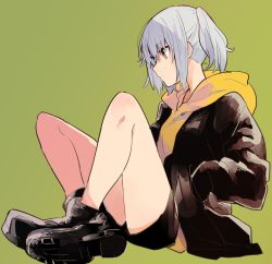 Rule 34 | black coat, black footwear, black shorts, coat, commentary request, from side, full body, green background, hand in pocket, hood, hoodie, legs, musshu (omu001), orange hoodie, original, profile, shoes, shorts, silver hair, simple background, sitting, solo
