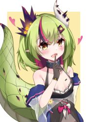 Rule 34 | 1girl, :d, absurdres, bare shoulders, black dress, black gloves, blush, breasts, collarbone, commentary request, copyright request, dragon girl, dragon horns, dragon tail, dress, fang, gloves, green hair, hair ornament, hand up, heart, highres, horns, index finger raised, long hair, multicolored hair, nagato-chan, open mouth, pointy ears, purple hair, see-through, see-through sleeves, sleeveless, sleeveless dress, small breasts, smile, solo, streaked hair, tail, two-tone background, two-tone hair, virtual youtuber, white background, yellow background