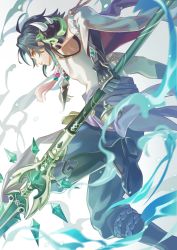 Rule 34 | 1boy, armor, aura, bead necklace, beads, black footwear, black gloves, black hair, boots, commentary request, detached sleeves, genshin impact, gloves, green hair, highres, holding, holding polearm, holding spear, holding weapon, jewelry, long sleeves, looking at viewer, looking back, male focus, multicolored hair, necklace, pants, polearm, purple pants, shirt, short hair, shoulder armor, shoulder spikes, simple background, sleeveless, sleeveless shirt, solo, spear, spikes, transparent background, two-tone hair, user dhdj3234, weapon, white background, white shirt, wide sleeves, xiao (genshin impact), yellow eyes