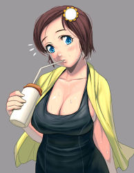 Rule 34 | 1girl, bad id, bad pixiv id, black one-piece swimsuit, blue eyes, blush, breasts, brown hair, cleavage, drink, drinking straw, huge breasts, kouno (masao), one-piece swimsuit, original, school swimsuit, short hair, solo, sweat, swimsuit, towel, towel around neck, wet