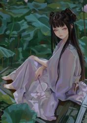 Rule 34 | 1girl, barefoot, blush, brown hair, chinese clothes, closed mouth, double bun, fkey, folding fan, from side, hair bun, hand fan, highres, holding, holding fan, long hair, looking at viewer, looking to the side, original, outdoors, purple eyes, sitting, smile, solo