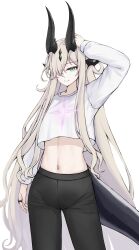 Rule 34 | 1girl, absurdres, aqua eyes, arknights, arm up, black pants, commentary request, cowboy shot, crop top, crop top overhang, eblana (arknights), gongbangmanchi (daisy cutter), grey hair, hair over one eye, highres, horns, leggings, long hair, long sleeves, looking at viewer, midriff, navel, pants, shirt, simple background, smile, solo, standing, stomach, thighs, very long hair, white background, white shirt