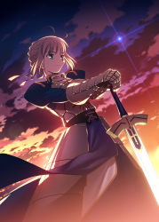 Rule 34 | 1girl, absurdres, ahoge, armor, armored dress, artoria pendragon (fate), blonde hair, excalibur (fate/stay night), fate/stay night, fate (series), green eyes, hand on hilt, highres, official art, ribbon, saber (fate), solo, sunset, sword, takeuchi takashi, weapon