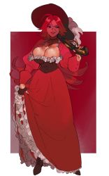 Rule 34 | 1girl, ahoge, antique firearm, blue eyes, breasts, choker, cleavage, corset, dress, fate/grand order, fate (series), fingerless gloves, firearm, firelock, flintlock, francis drake (fate), frilled dress, frilled skirt, frills, full body, gloves, gun, handgun, hat, hat feather, highres, holding, holding clothes, holding skirt, jewelry, jojo sono, large breasts, long hair, long sleeves, necklace, outside border, petticoat, pistol, puffy long sleeves, puffy sleeves, red background, red hair, scar, skirt, solo, standing, weapon