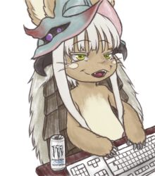 Rule 34 | 1girl, animal ears, body fur, bune, energy drink, furry, furry female, green eyes, helmet, horizontal pupils, horns, keyboard (computer), made in abyss, nanachi (made in abyss), open mouth, short hair with long locks, sidelocks, smug, solo, whiskers, white hair
