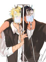 Rule 34 | 2boys, arm around shoulder, black eyes, black hair, black jacket, black vest, blonde hair, blue eyes, closed mouth, collared shirt, cowboy shot, highres, intravenous drip, jacket, male focus, mole, mole under eye, multiple boys, nicholas d. wolfwood, partially unbuttoned, scar, scar on arm, shirt, short hair, simple background, sketch, sleeves rolled up, smile, standing, trigun, vash the stampede, vest, w1177155400, white background, white shirt