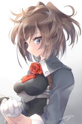 Rule 34 | 1girl, ascot, blue eyes, brown hair, commentary request, dated, flower, gloves, gradient background, grey background, kantai collection, long hair, looking at viewer, military, military uniform, n:go, red ascot, red flower, red rose, rose, sheffield (kancolle), signature, solo, uniform, white background, white gloves