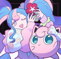Rule 34 | 1girl, :d, blue hair, bow, commentary request, creatures (company), eyelashes, fairy miku (project voltage), flower, game freak, gen 1 pokemon, hair flower, hair ornament, hatsune miku, jigglypuff, long hair, long sleeves, multicolored hair, nail polish, nintendo, one eye closed, open mouth, pink hair, pink nails, pink sweater, pokemon, pokemon (creature), project voltage, sasa kado (redbluemoon74), scrunchie, smile, sweater, teeth, twintails, two-tone hair, upper teeth only, vocaloid, wrist scrunchie
