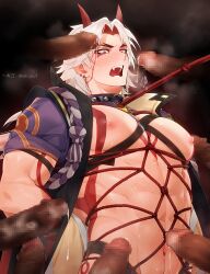 Rule 34 | 6+boys, abs, arataki itto, bara, blush, bracelet, breast tattoo, breasts, censored, chest strap, chest tattoo, collar, disembodied penis, earrings, facial tattoo, fangs, genshin impact, hands behind, heavy breathing, highres, horns, huge breasts, jewelry, kinbaku, long hair, looking down, male focus, man boobs, mosaic censoring, multicolored hair, multiple boys, muscular, muscular male, navel, nipples, oni, oni horns, open mouth, pectoral cleavage, pectorals, penis, precum, red eyes, red hair, shibari, spiked collar, spikes, steam, steaming body, surprised, sweat, tattoo, tattoo on chest, upper body, white hair, yaoi, yebiusd