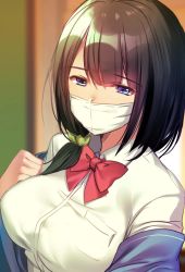 Rule 34 | 1girl, black hair, blanket, blouse, blue eyes, bow, bowtie, breasts, commentary, gridman universe, hair ornament, hair scrunchie, hassu, indoors, large breasts, long hair, low tied hair, mask, mouth mask, niyasuke (yama), portrait, red bow, red bowtie, school uniform, scrunchie, shirt, solo, ssss.gridman, surgical mask, white shirt