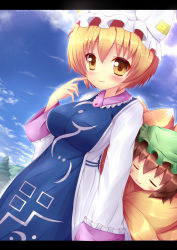 Rule 34 | 2girls, :3, animal hat, blonde hair, blue sky, breasts, brown hair, chen, closed eyes, cloud, day, dress, dutch angle, finger to face, fox tail, hat, hat with ears, highres, impossible clothes, kane-neko, large breasts, letterboxed, light smile, long sleeves, looking at viewer, mob cap, multiple girls, multiple tails, ofuda, outdoors, mob cap, pine tree, short hair, sky, tabard, tail, touhou, tree, yakumo ran, yellow eyes