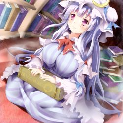 Rule 34 | 1girl, book, bow, breasts, capelet, crescent, dress, hat, huge breasts, library, long hair, matamataro, patchouli knowledge, purple eyes, purple hair, ribbon, sitting, solo, touhou, voile, wariza