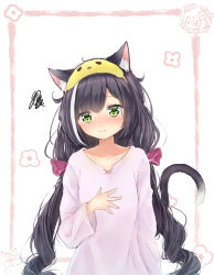 Rule 34 | 1girl, animal ear fluff, animal ears, black hair, blush, cat ears, cat girl, cat tail, closed mouth, dated, green eyes, hair flaps, highres, karyl (princess connect!), long hair, long sleeves, low twintails, mask, mask on head, multicolored hair, princess connect!, seboneko, signature, sleep mask, sleepwear, solo, squiggle, streaked hair, tail, twintails, upper body