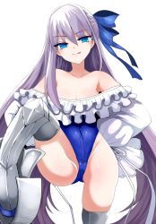 Rule 34 | 1girl, armor, bare shoulders, blue eyes, blue ribbon, blush, breasts, choker, collarbone, fate/grand order, fate (series), frilled one-piece swimsuit, frills, greaves, hair ribbon, han (jackpot), highleg, highleg swimsuit, leg lift, licking lips, long hair, long sleeves, looking at viewer, meltryllis, meltryllis (fate), meltryllis (swimsuit lancer) (fate), meltryllis (swimsuit lancer) (second ascension) (fate), off-shoulder one-piece swimsuit, off shoulder, one-piece swimsuit, prosthesis, prosthetic leg, puffy sleeves, purple hair, ribbon, simple background, sleeves past fingers, sleeves past wrists, small breasts, smile, swimsuit, thighs, tongue, tongue out, very long hair, white background, white ribbon