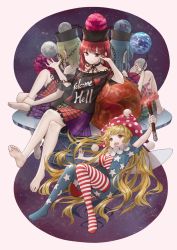 Rule 34 | 4girls, :d, american flag dress, american flag legwear, barefoot, black choker, black shirt, blonde hair, chain, choker, clothes writing, clownpiece, earth (planet), fire, full body, grey background, hat, hecatia lapislazuli, hecatia lapislazuli (earth), hecatia lapislazuli (moon), highres, holding, holding torch, jester cap, long hair, looking at another, masakichi (mmw), moon, multicolored clothes, multicolored skirt, multiple girls, official art, open mouth, pink headwear, plaid, plaid skirt, planet, red eyes, shirt, short sleeves, simple background, skirt, sky, smile, star (sky), starry sky, strange creators of outer world, teeth, third-party source, torch, touhou, upper teeth only, very long hair