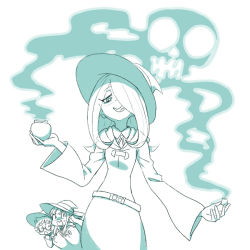 Rule 34 | 10s, 3girls, female focus, glasses, grin, hair over one eye, hat, jar, kagari atsuko, little witch academia, long hair, lotte jansson, multiple girls, poison, short hair, skull, smile, smoke, sucy manbavaran, tuku4331, wide sleeves, witch, witch hat